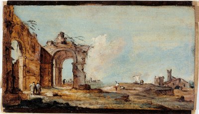 Capriccio, con arco in rovina e case dei pescatori da Francesco Guardi