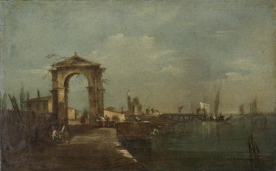 Paesaggio con un molo e navi su un lago da Francesco Guardi
