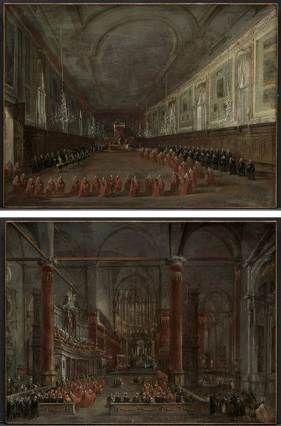 Papa Pio VI che Scende dal Trono per Salutare il Doge nella Sala dei SS. Giovanni e Paolo, 1782 e Cerimonia Pontificia nei SS. Giovanni e Paolo, Venezia, 1782 (coppia) da Francesco Guardi