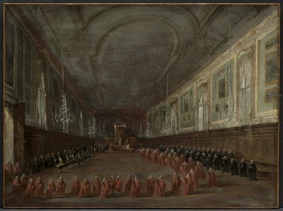 Papa Pio VI che scende dal trono per congedarsi dal Doge nella Sala dei SS. Giovanni e Paolo, 1782 da Francesco Guardi