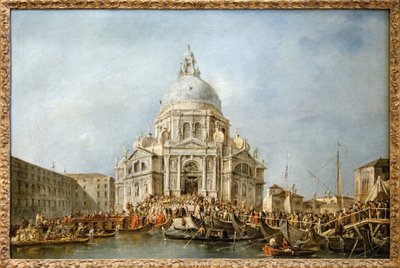 Il Doge di Venezia va alla Salute di Venezia, Ogni anno il 21 novembre il Doge andava alla Basilica di Santa Maria della Salute, edificata in ringraziamento per la fine della peste del 1630, per ringraziare la Vergine per questa liberazione, un ponte di ba da Francesco Guardi