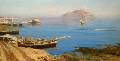 Marina con barca e pescatori da Francesco Lojacono