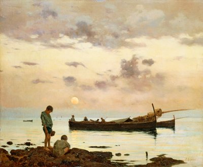 Marina con barca da pesca e ragazzi, di Francesco Lojacono da Francesco Lojacono