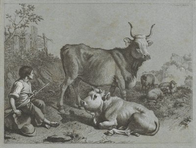 Giovane pastore con due buoi e tre pecore da Francesco Londonio