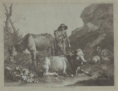 Pastore che Riposa su un Bastone con un Vecchio Cavallo e un Toro Disteso da Francesco Londonio