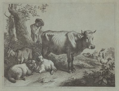 Mucca in piedi e un pastorello con gregge da Francesco Londonio