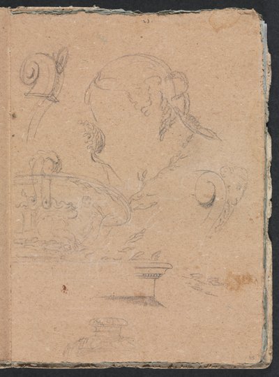Verona Sketchbook: Motivi architettonici con testa femminile pagina 45, 1760 da Francesco Lorenzi