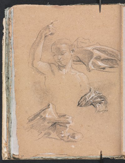 Taccuino di Verona: Figura con braccio destro alzato e studi di drappeggio pagina 68, 1760 da Francesco Lorenzi