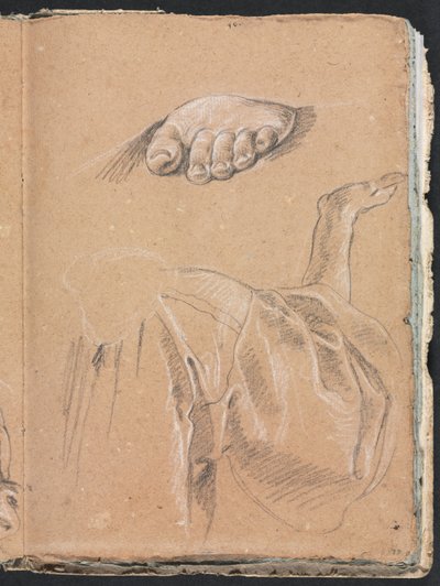 Taccuino di Verona: Studio di un piede sinistro e studio di drappeggio con braccio destro pagina 79, 1760 da Francesco Lorenzi