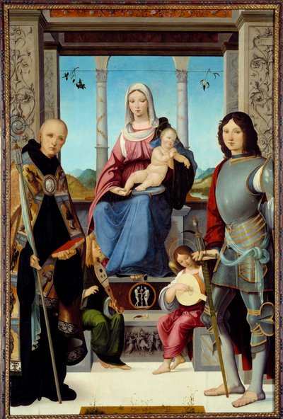 La Vergine e il Bambino circondati da San Benedetto da Norcia e San Quintino con due angeli da Francesco Marmitta