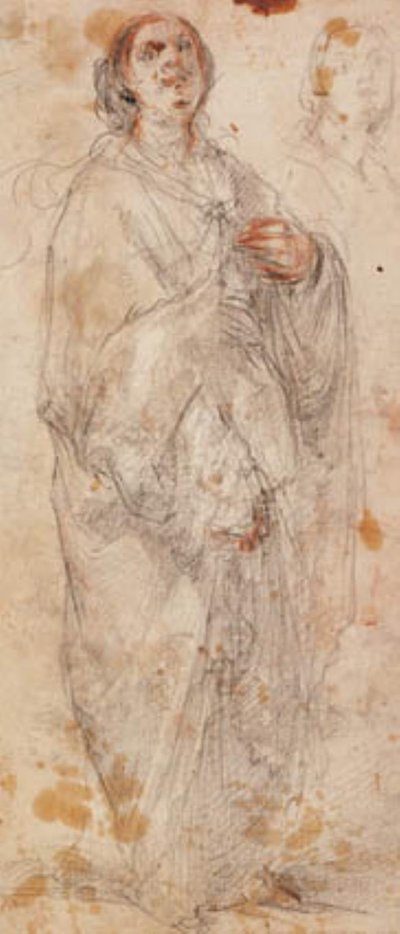 Donna pesantemente drappeggiata in piedi che guarda verso l