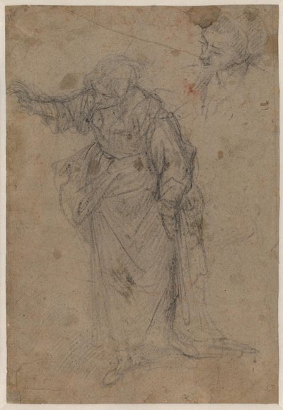 Donna pesantemente drappeggiata, in piedi, rivolta a destra e guardando in basso con il braccio destro teso, e uno schizzo per una testa da Francesco Montelatici