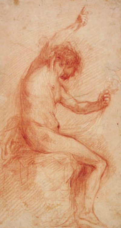 Maschio seduto di profilo a destra che guarda in basso tenendo un drappo nella mano sinistra, indicando verso l