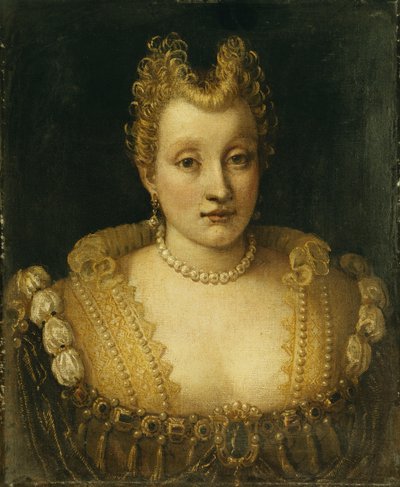 Ritratto di una signora della famiglia Contarini, busto, con un abito elaborato con gioielli e una collana di perle e orecchini da Francesco Montemezzano