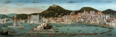 Tavola Strozzi. Veduta di Napoli, la flotta degli Aragonesi entra nel porto il 12 luglio 1465 da Francesco Rosselli