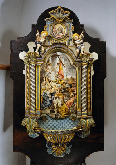 Grande acquasantiera in maiolica dipinta con scena centrale dal dipinto Adorazione dei Magi di Francesco Solimena (1657-1747), Italia, XX secolo da Francesco Solimena