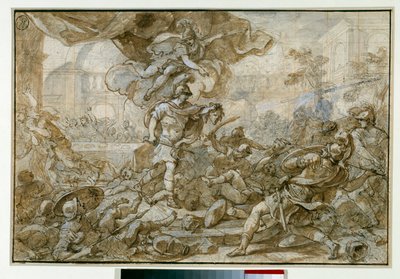Mitologia: "Perseo arma la testa della Medusa trasformando in pietra Fineo e i suoi soldati" Disegno di Francesco Solimena detto l