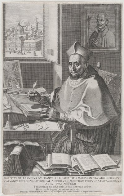 Cardinale Roberto Bellarmino alla sua scrivania, scrivendo, 1604 da Francesco Villamena