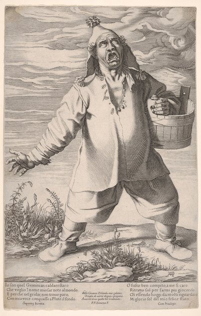 Geminiano Caldarostaro che grida e tiene una vasca, con un cappello con nappe, ca. 1597-1601 da Francesco Villamena