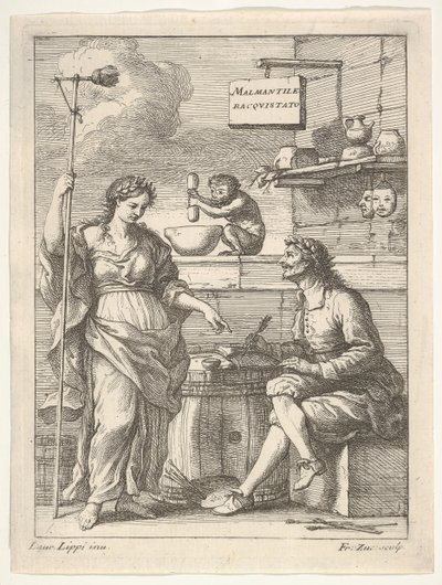Una scimmia che lavora con mortaio e pestello, sotto Lorenzo Lippi che scrive il suo umorismo da Francesco Zuccarelli