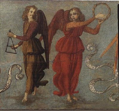 Angeli che suonano il tamburello e il triangolo, c.1475-97 (dettaglio) da Francesco attr. to Botticini