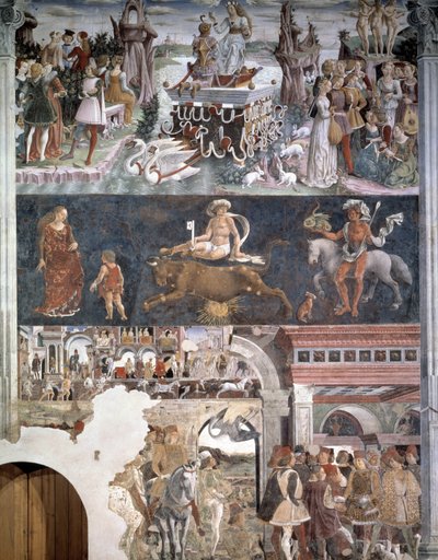 Aprile. In alto: il trionfo di Venere (Afrodite) con le Tre Grazie e coppie che si baciano. Al centro: rappresentazione del segno zodiacale del toro. In basso: Borso d