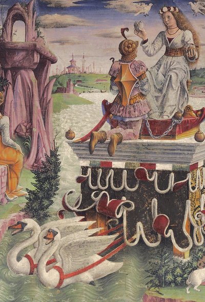 Trionfo di Venere e Segno del Toro, scene dal Mese di Aprile, parete est, Sala dei Mesi, Palazzo Schifanoia, Ferrara, Emilia-Romagna, Italia, c.1470 (dettaglio) da Francesco del Cossa