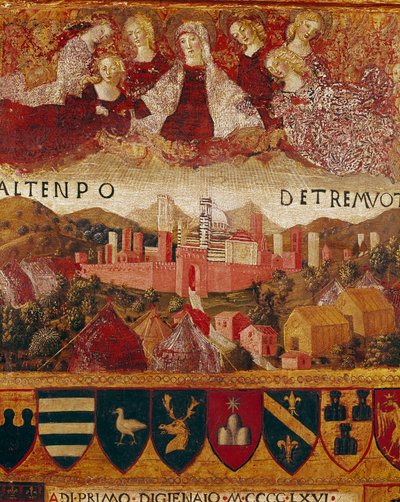 Ex voto: La Vergine Maria protegge la città di Siena al tempo dei terremoti del 1466-1467 (dettaglio). Dipinto su legno di Francesco di Giorgio Martini (1439-1502) che decora una Biccherna (copertina del registro contabile della città di Siena) da Francesco di Giorgio Martini