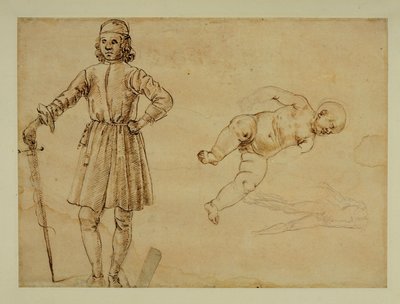 Un bambino seduto; un uomo in piedi che tiene una spada ... da Francesco di Simone (attr. to)