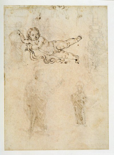Studio di un bambino; un ornamento scolpito; un