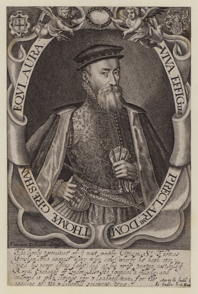 Sir Thomas Gresham, mercante e finanziere inglese, fondatore della Royal Exchange (incisione) da Francis (after) Delaram