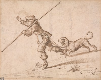 Uomo che caccia con un bastone appuntito e un cane da Francis Barlow