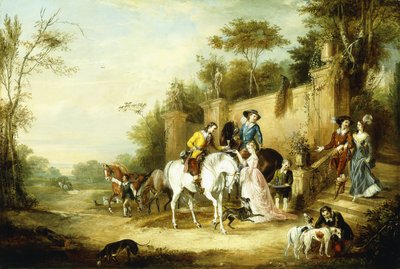 Una festa di caccia che parte dai gradini di una casa di campagna, 1828 da Francis Calcraft Turner