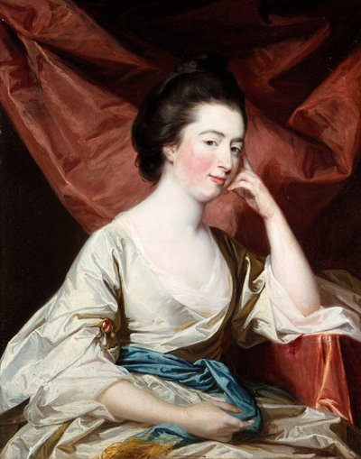 Ritratto di una signora in abito bianco con fascia blu da Francis Cotes