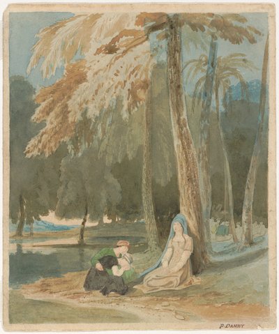 Tre donne sedute vicino a un lago boscoso da Francis Danby