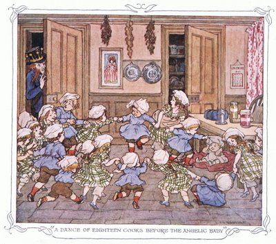 "Una danza di diciotto cuochi davanti al bambino angelico", da The Magic Fishbone pubblicato da Warne  Co, 1940 circa (litografia a colori) da Francis Donkin Bedford