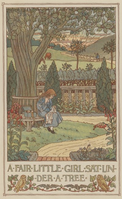 Una bella bambina seduta sotto un albero (litografia a colori) da Francis Donkin Bedford