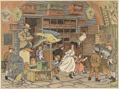 Libro dei negozi di Bedford: Pasticciere di uccelli (litografia a colori) da Francis Donkin Bedford