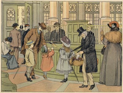 Libro dei negozi di Bedford: La banca di Pa (litografia a colori) da Francis Donkin Bedford
