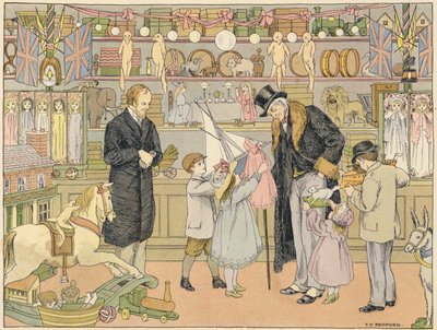 Libro dei negozi di Bedford: Negozio di giocattoli (litografia a colori) da Francis Donkin Bedford