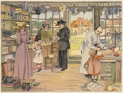 Libro dei negozi di Bedford: Negozio del villaggio (litografia a colori) da Francis Donkin Bedford