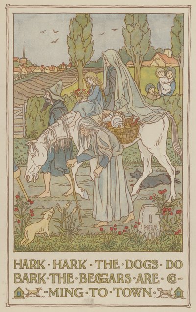 Hark hark i cani abbaiano i mendicanti stanno arrivando in città (litografia a colori) da Francis Donkin Bedford