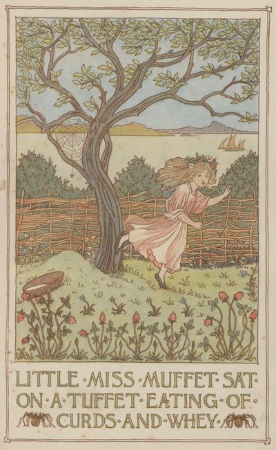 La signorina Muffet seduta su un tuffetto che mangia cagliata e siero di latte (litografia a colori) da Francis Donkin Bedford