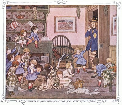 "Snipping, stitching, cutting and contriving, Papa", da The Magic Fishbone pubblicato da Warne  Co, 1940 circa (litografia a colori) da Francis Donkin Bedford