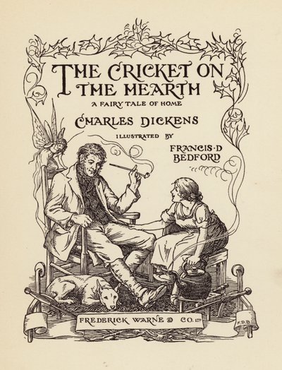 Illustrazione del frontespizio di The Cricket on the Hearth di Charles Dickens (litografia a colori) da Francis Donkin Bedford