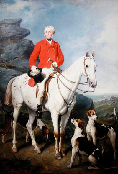 Ritratto di Charles Trelawny, Esq., Maestro della caccia di Dartmoor, sul suo cavallo da caccia preferito Grimaldi, con i cani Conqueror, Lounger e Windermere da Francis Grant
