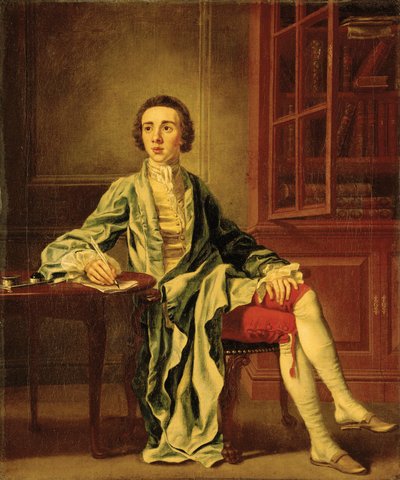 Ritratto di Joseph Henry di Straffan, Co. Kildare, a figura intera, seduto a un tavolo mentre scrive una lettera, in un cappotto blu, gilet giallo e pantaloni rossi, accanto a una libreria da Francis Hayman