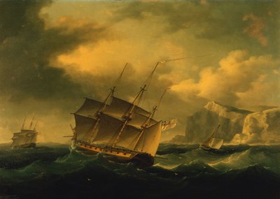 Una fregata inglese spinge una fregata francese verso una costa rocciosa da Francis II Sartorius