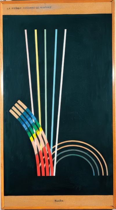 Tutti. Colori nero, bianco, rosso, blu, giallo linee, curve, linee rette, archi. da Francis Picabia