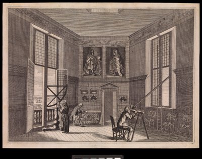 Tre figure che usano attrezzature astronomiche nella Grande Sala delle Stelle o Sala Ottagonale, come è conosciuta oggi, al Royal Observatory., c.1676 da Francis Place
